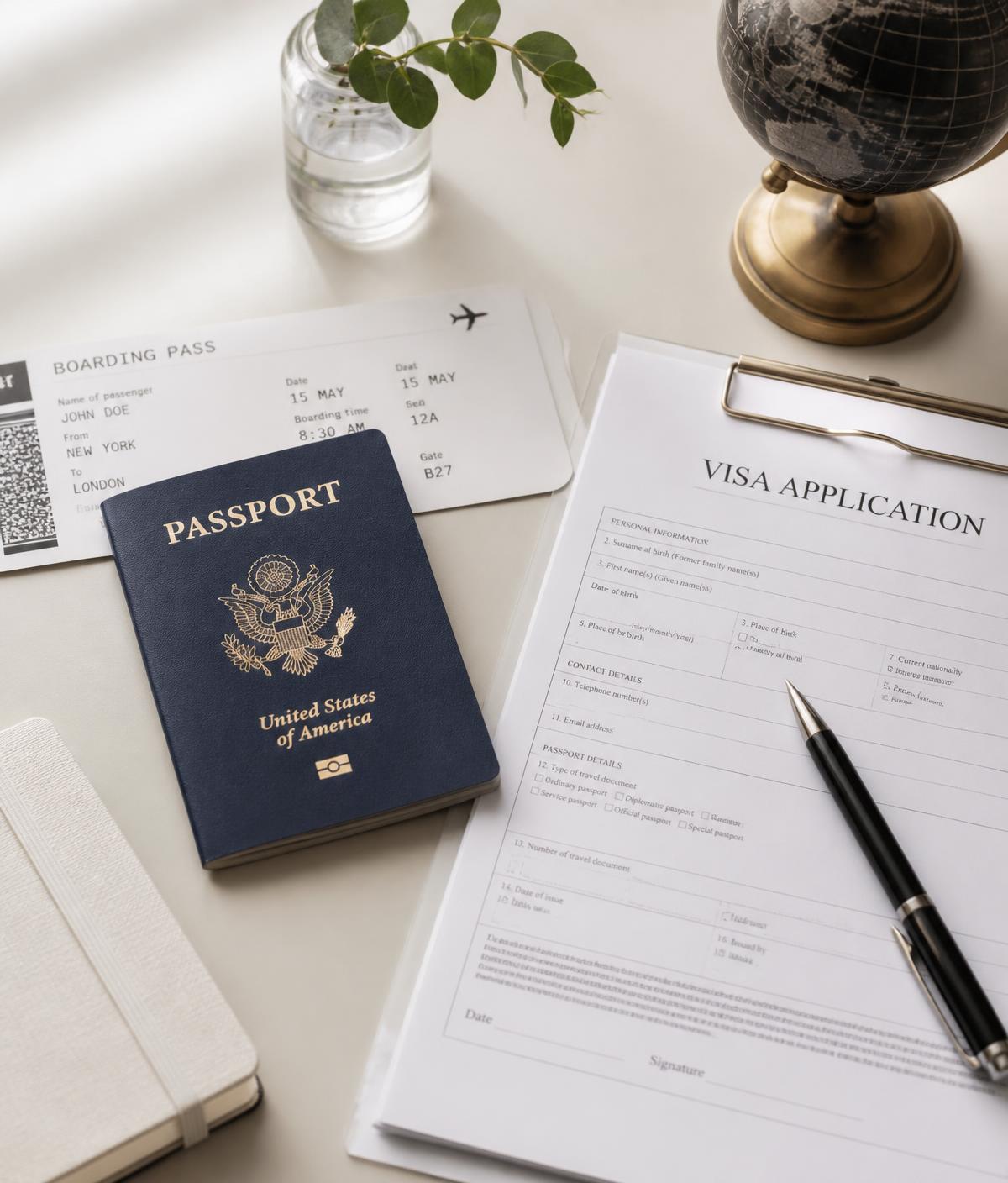 Passport, boarding pass and visa application documents arranged on a desk