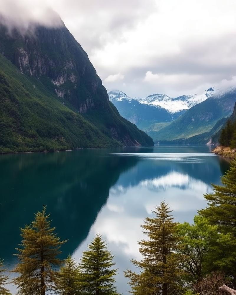 Mountains reflected in a calm lake in New Zealand