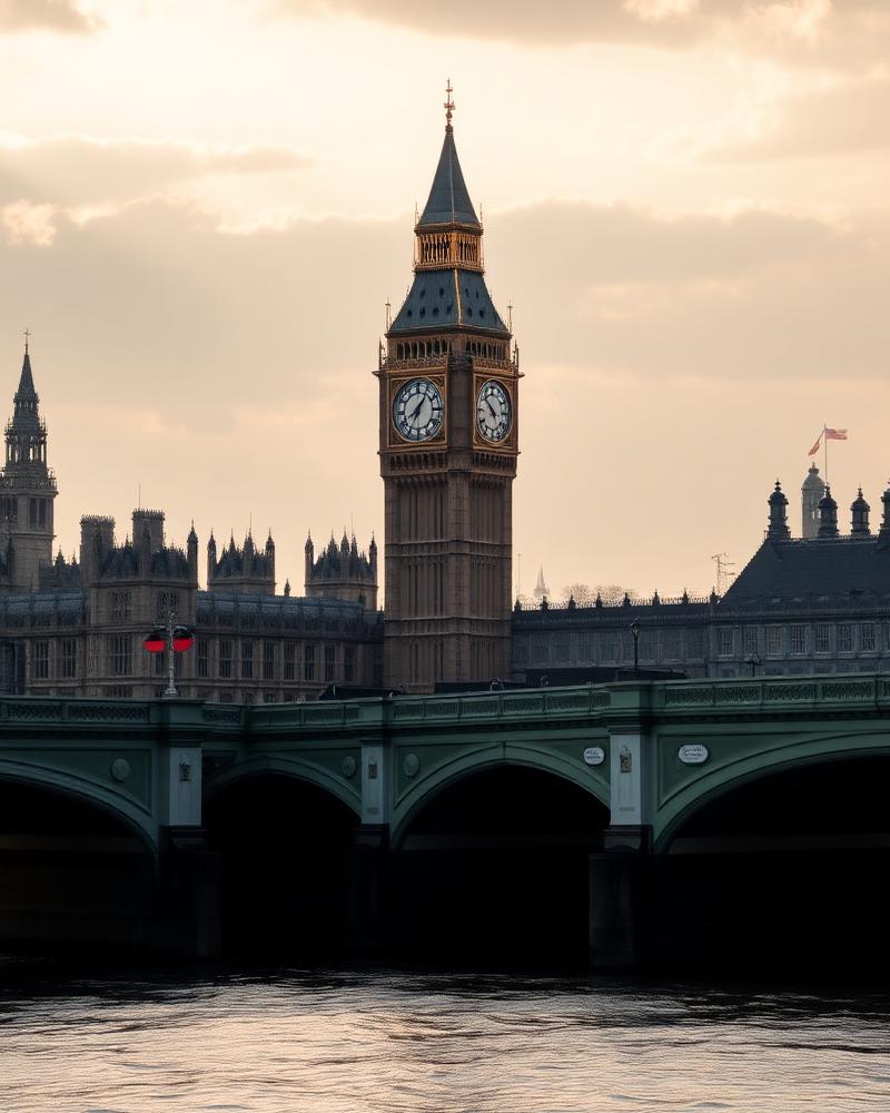 Big Ben and Westminster Bridge in London at dusk