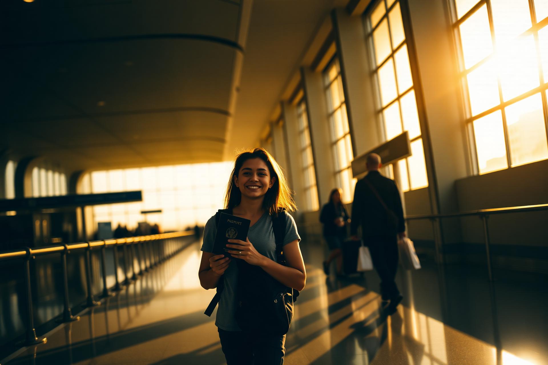 Student holding a passport while walking through a sunlit international airport terminal